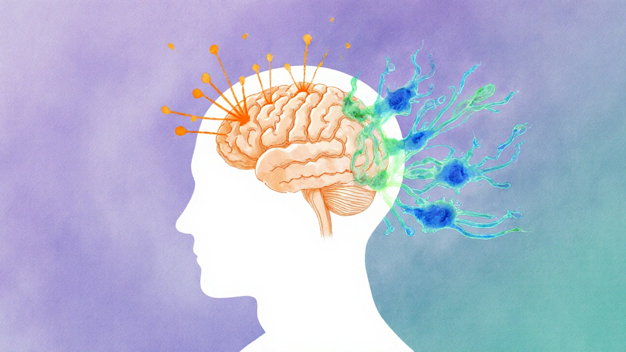 Abstraktní ilustrace lidského mozku s dvěma různými energetickými systémy: jedna strana vyzařuje euforické vlny, druhá uklidňující vlny.