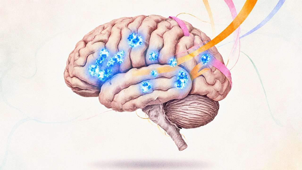 Abstraktní mozkový pohled s aktivovanými CB1 receptory a serotoninem.