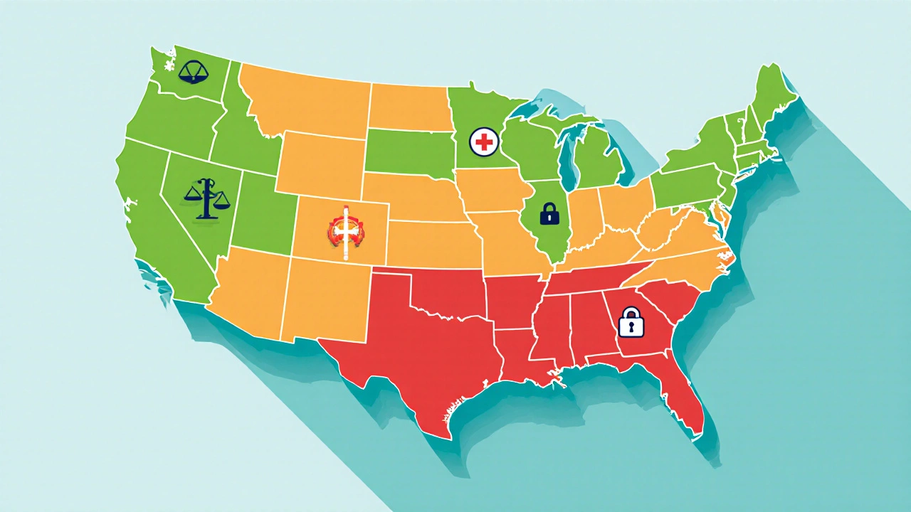 Barevně rozdělená mapa USA ukazující legální, omezené a nelegální stavy HHC.