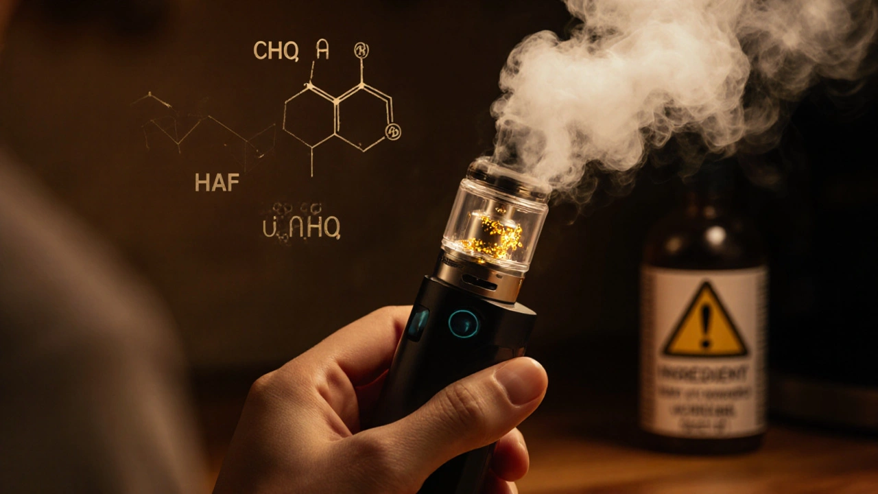 Detailní záběr na e‑cigaretu s parou obsahující zlaté částice vitaminu E acetate.