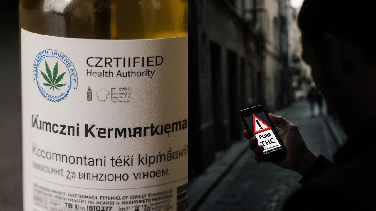 Dvě kapky: jedna legální s certifikátem, druhá nelegální v tmavém obalu, kontrast bezpečí a rizika.