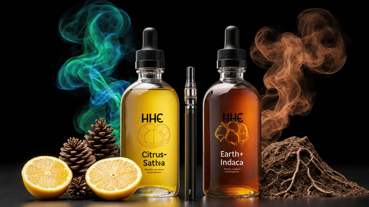 Dvě lahvičky HHC e‑liquidu – citrusová sativa a zemní indica – s odpovídajícími přírodními prvky a vape perem.
