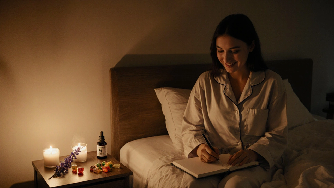 Fotka ženy zapisující do deníku v ložnici s CBD olejem, gummies a svíčkou.