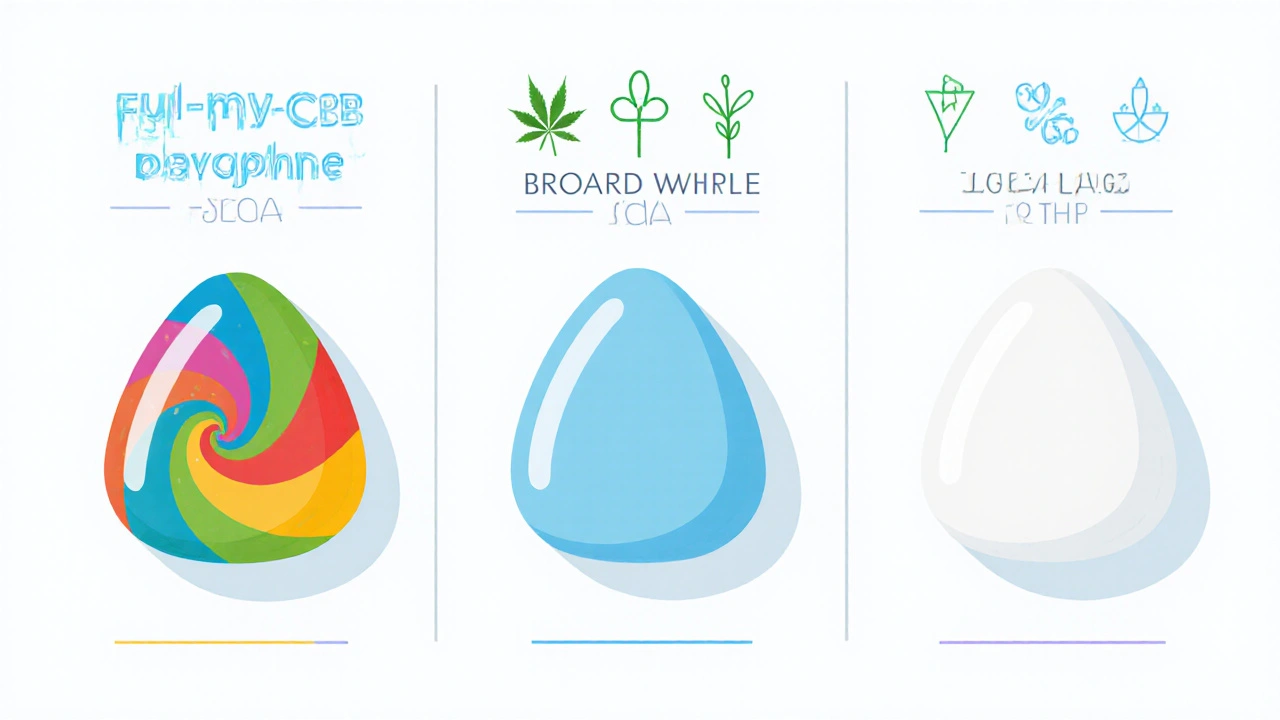 Ilustrace srovnávající tři typy CBD bonbónů – full‑spectrum, broad‑spectrum a isolate.