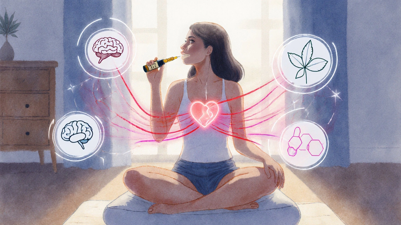 Ilustrace ženy užívající CBD pod jazyk s vizuálními symboly krevního oběhu a klidu.