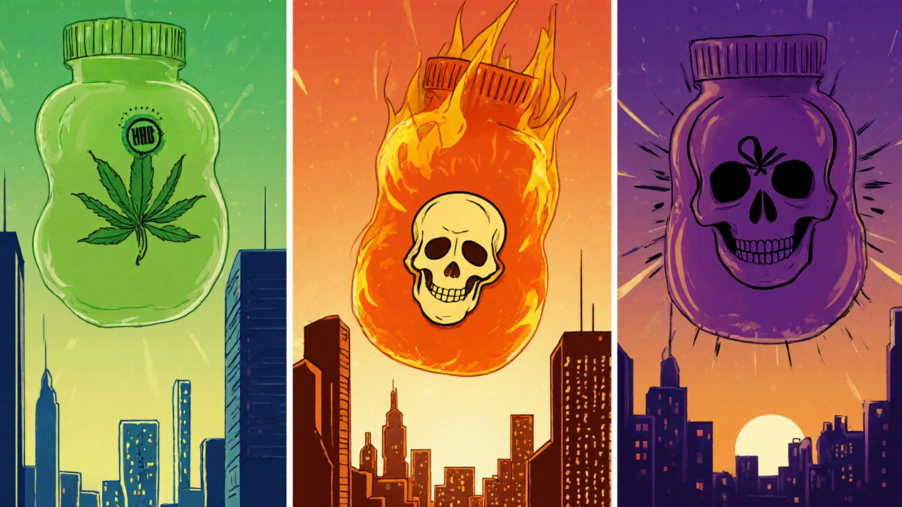 Komiksová ilustrace porovnává CBD, THC a HHC gummies ve třech panelech.