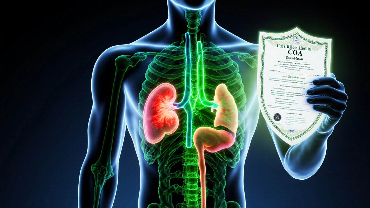 Koncepční obrázek lidského těla s zeleným světlem v ledvinách a štítem certifikátu COA u jater.