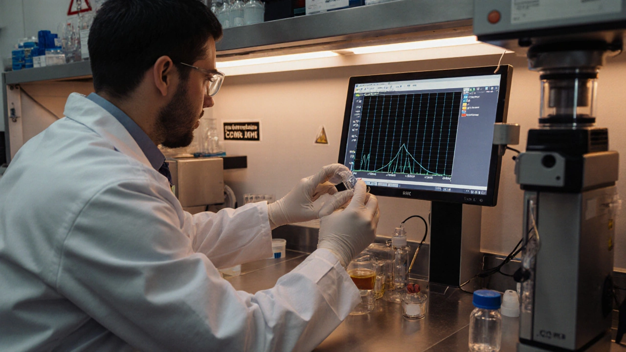 Laboratorní technik připravuje vzorek do GC‑MS přístroje, monitor zobrazuje chromatogram.