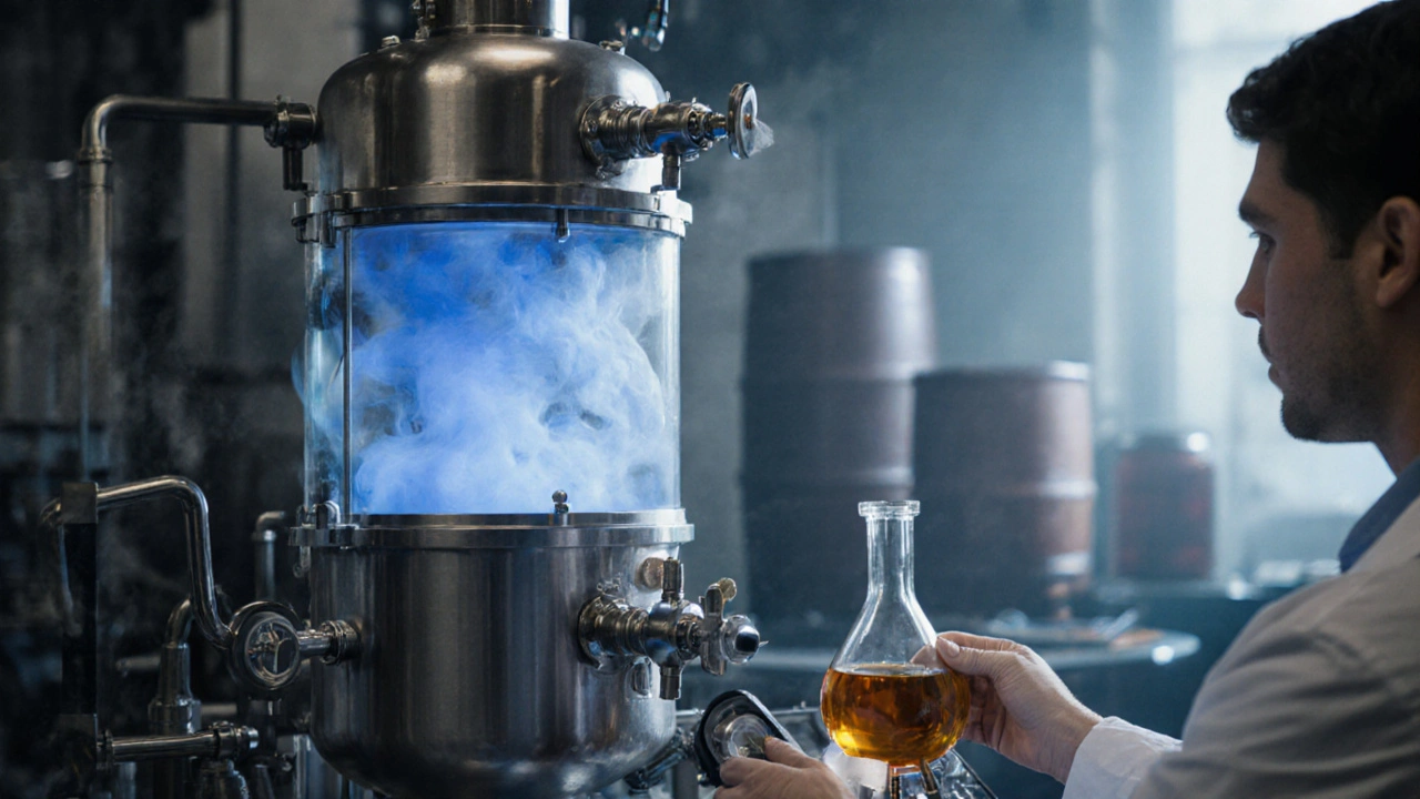 Laboratorní zařízení CO₂ extrakce s kapalinou CBD, v pozadí ethanol a olejová metoda.