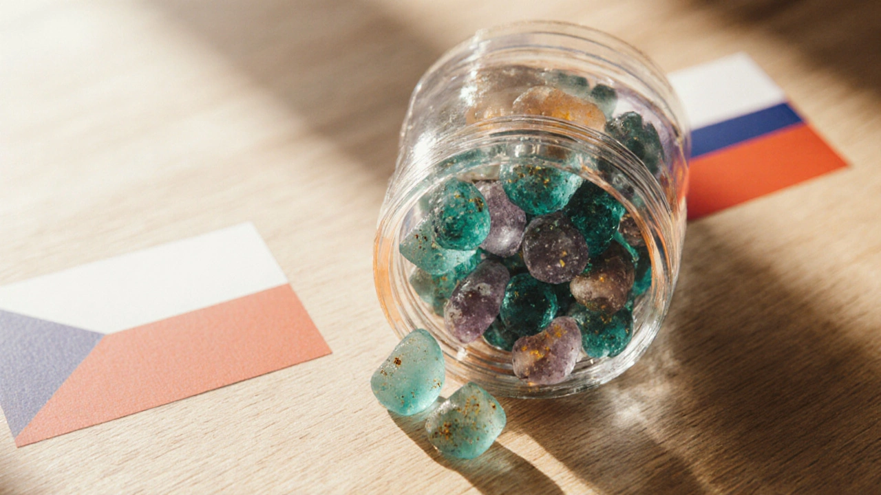 Makro záběr otevřené sklenice s barevnými CBD gummies.