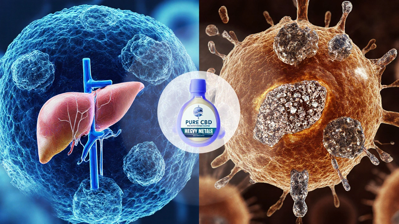 Microskopický pohled na jaterní buňky s čistým CBD na jedné straně a nečistotami na druhé.