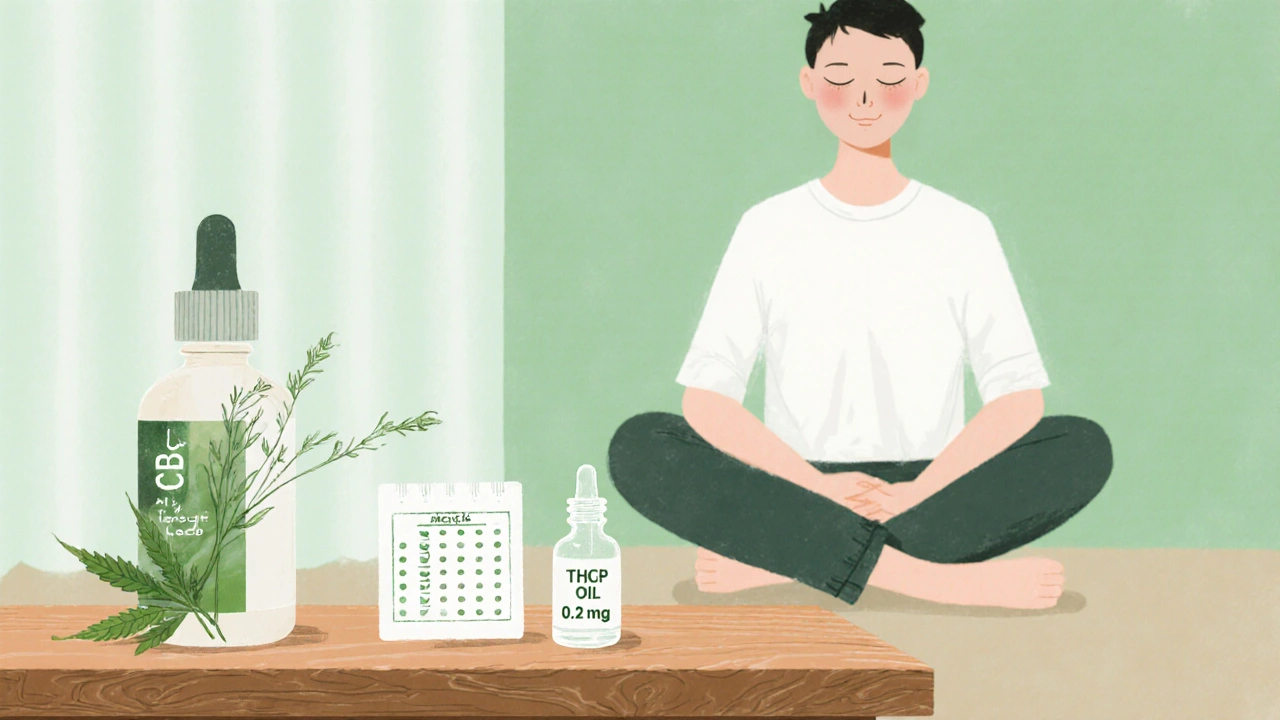 Osoba měří 0,2 mg THCP kapátkem v klidném prostředí vedle CBD.