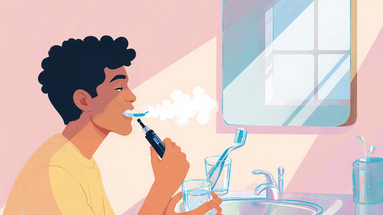 Osoba po vapingu vyplachuje ústa a čistí zuby fluoridovou pastou.