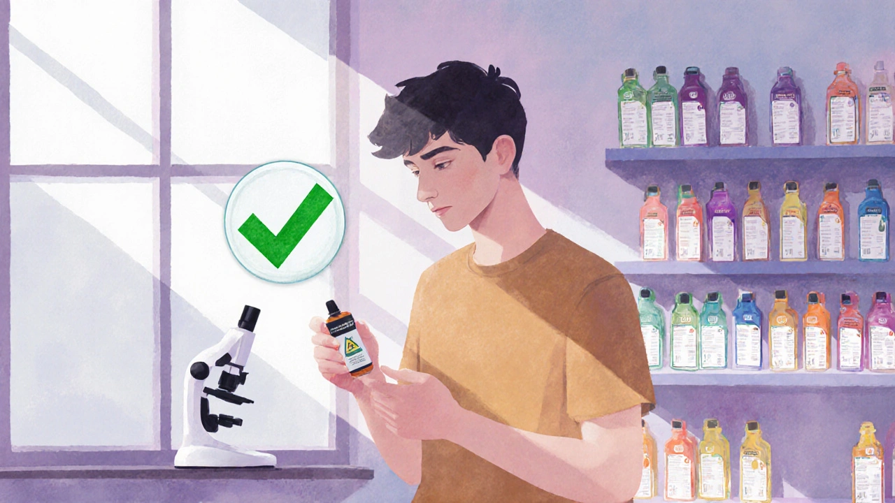 Osoba v obchodě kontroluje etiketu e‑liquidu, symboly bezpečnosti a laboratoře.