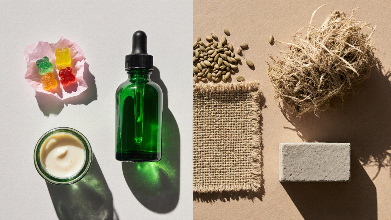 Ploché rozložení CBD produktů a konopných materiálů: kapátko, kapsle, gummies, krém vs vlákna, semena, textil.