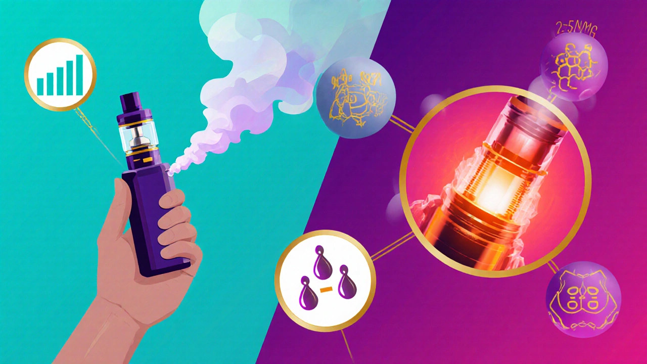 Rozdělený obrázek ukazující inhalaci, atomizér a faktory jako tolerance a kanabinoidy.
