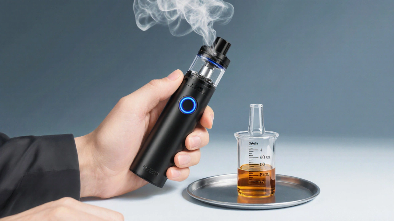 Ruka drží moderní vape pero, z něj stoupá jemný oblak páry, vedle stojí stříkačka s kapalinou.