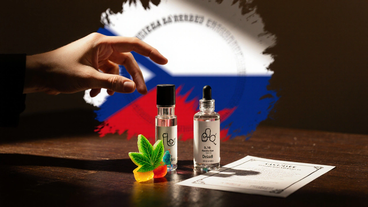 Ruka vybírá mezi HHC vape kapalinou a Delta‑8 gummies na stole, s českými barvami v pozadí.