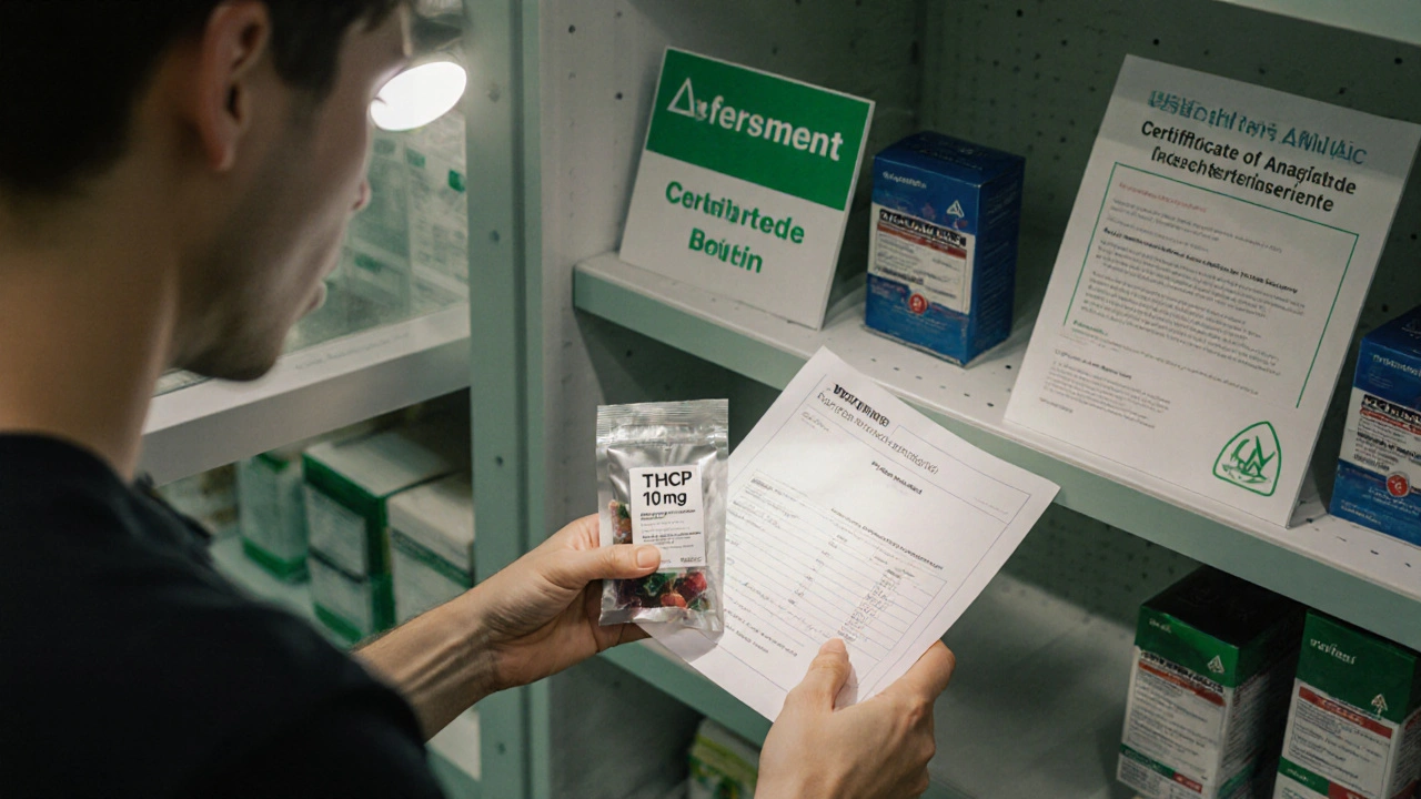 Spotřebitel kontroluje štítek a certifikát analýzy THCP gummies v lékárně.