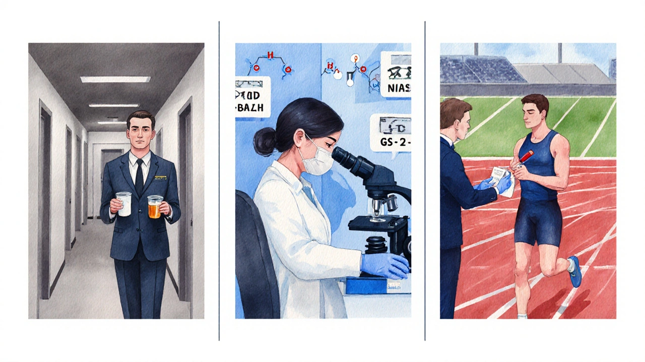Tři panelové vodové malby: pracovní test, policejní laboratoř a sportovní antidoping.