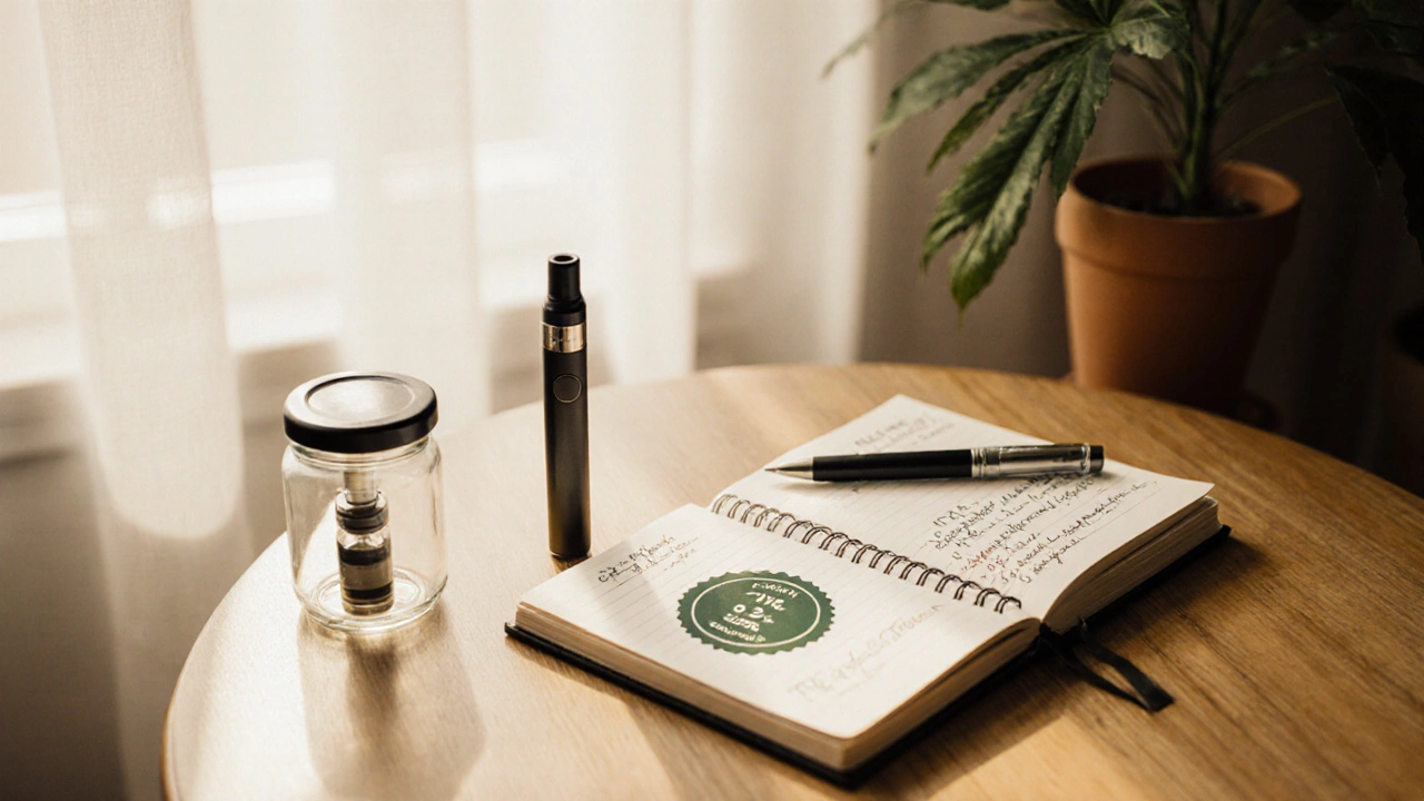 Uklidňující scéna s vape perem, deníkem a badge legalitou v domácím interiéru.