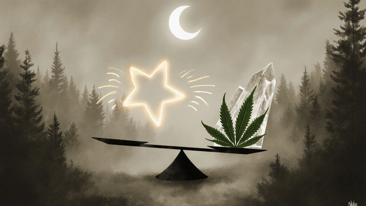 Váhající váha s molekulou HHC a listem CBD v mlhavém lese, symbolizující dvě cesty k pohodlí bez slov.