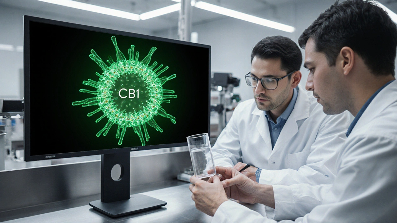 Vědci v laboratoři studují vazbu THCP na receptor CB1 na monitoru.