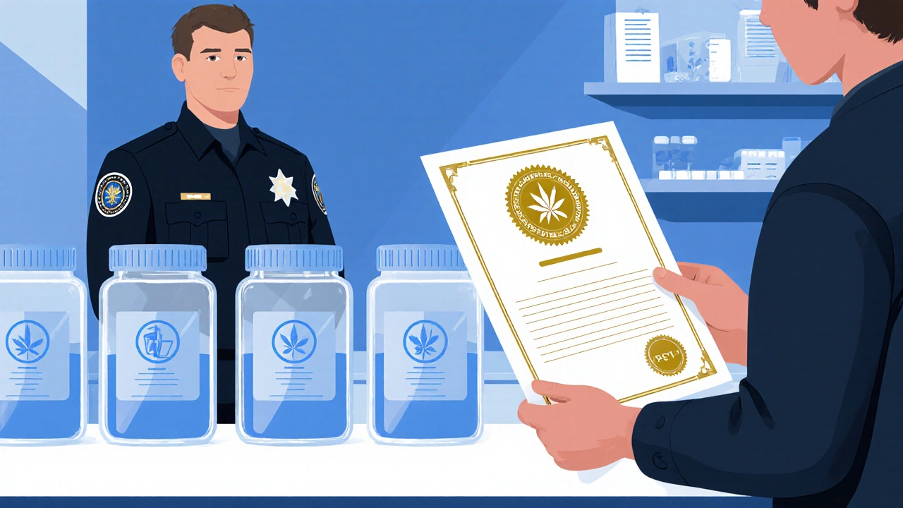 Zákazník s certifikátem a policista v dispensáři Floridy.