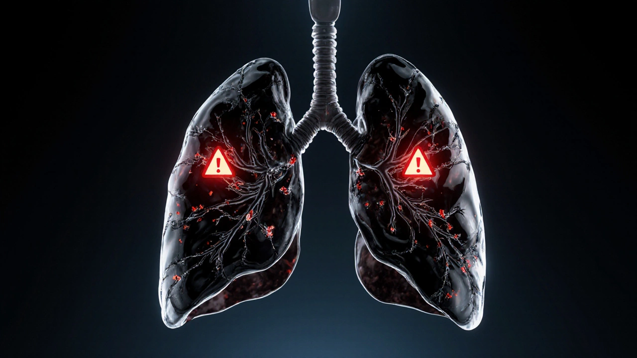 Zkreslené plicní tkáně pokryté černým olejem a toxickými částicemi, symbolizující poškození od vapingu.