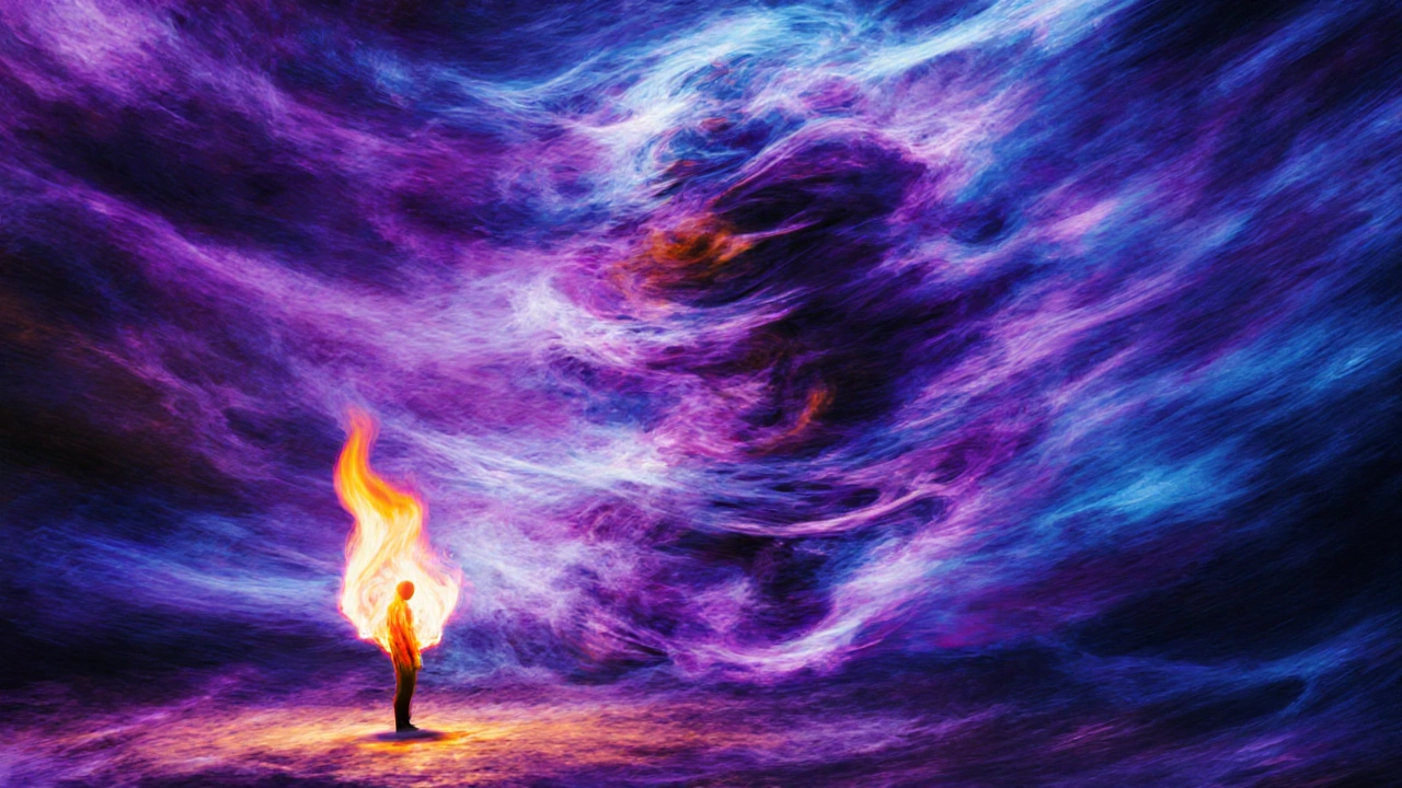 Abstraktní obraz intenzivních barev symbolizujících silný účinek THCP v porovnání s klidným THC