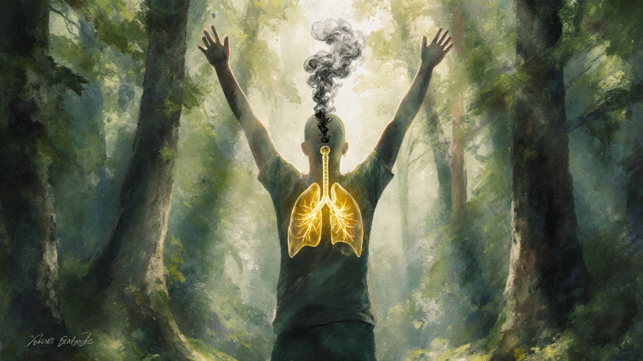 Člověk stojí v lese, z jeho hrudi vychází zlaté světlo, zatímco tmavý kouř se rozptýlí ve vzduchu.