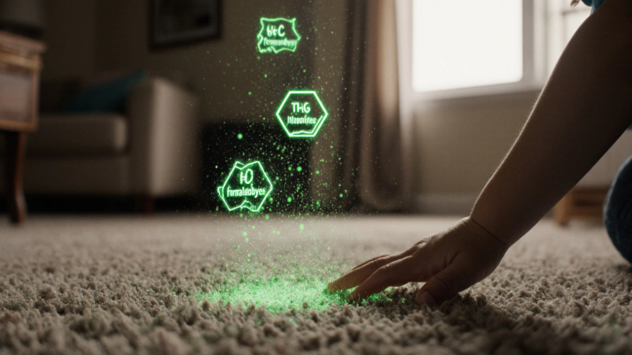 Dětská ruka se dotýká koberce, z něhož se vynořují mikroskopické chemické částice jako formaldehyd a THC, zobrazené jako jemné světelné prachové částice.