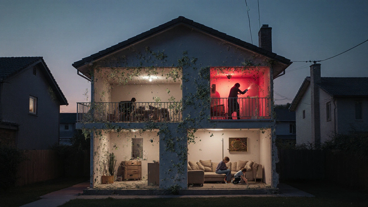 Domácnost s průhlednými stěnami ukazujícími usazené chemikálie po vapingu, těhotná žena a dítě vystavené neviditelnému nebezpečí v domácím prostředí.