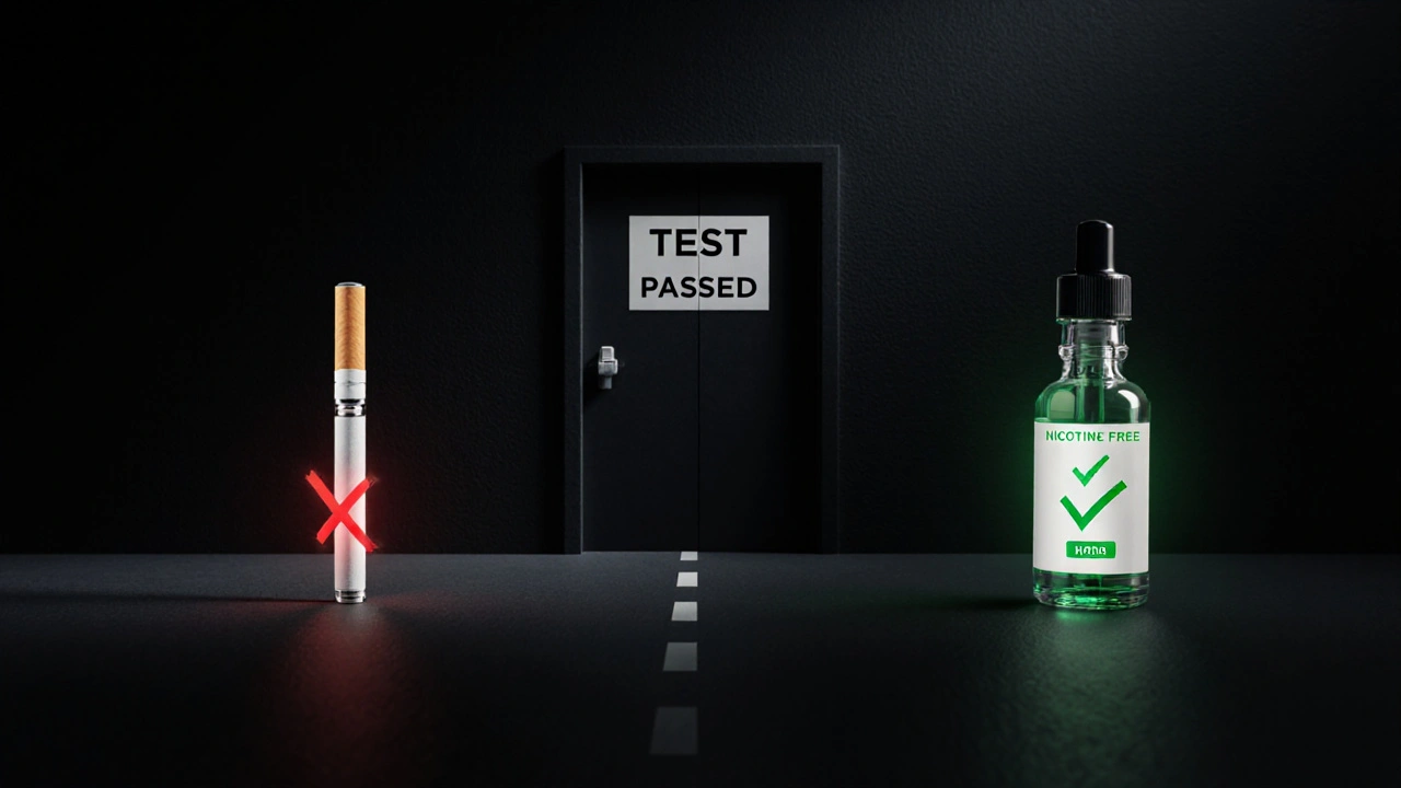 Dvě cesty k dveřím s nápisem &#039;Test projit&#039; – jedna s cigaretou, druhá s nikotinově bezpečnou tekutinou.