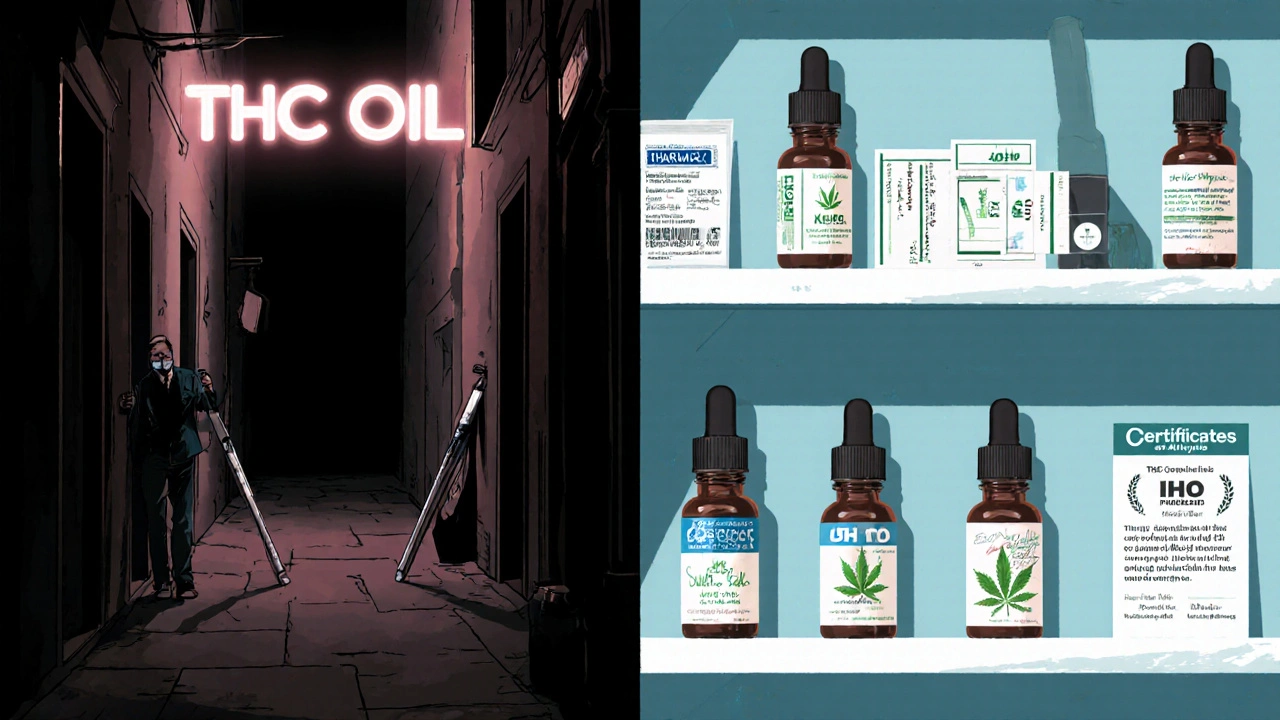 Dvě cesty: tmavý trh s neoznačenými vape a jasná police s certifikovanými produkty v lékárně, symbolizující riziko a bezpečnost.