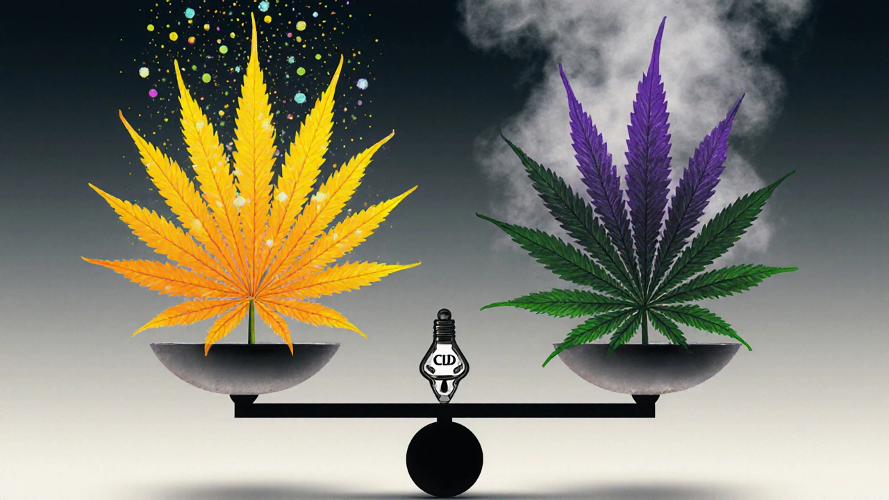 Dvě symbolické rostliny konopí s různými terpeny, představující účinky na úzkost.