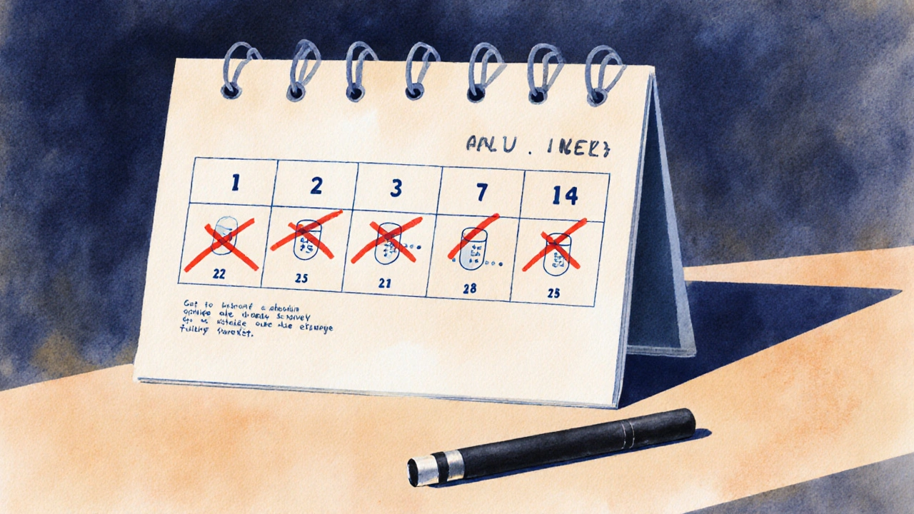 Kalendář s přeškrtnutými dny a e-cigaretou vedle, symbolizující čas potřebný k vyčištění těla.