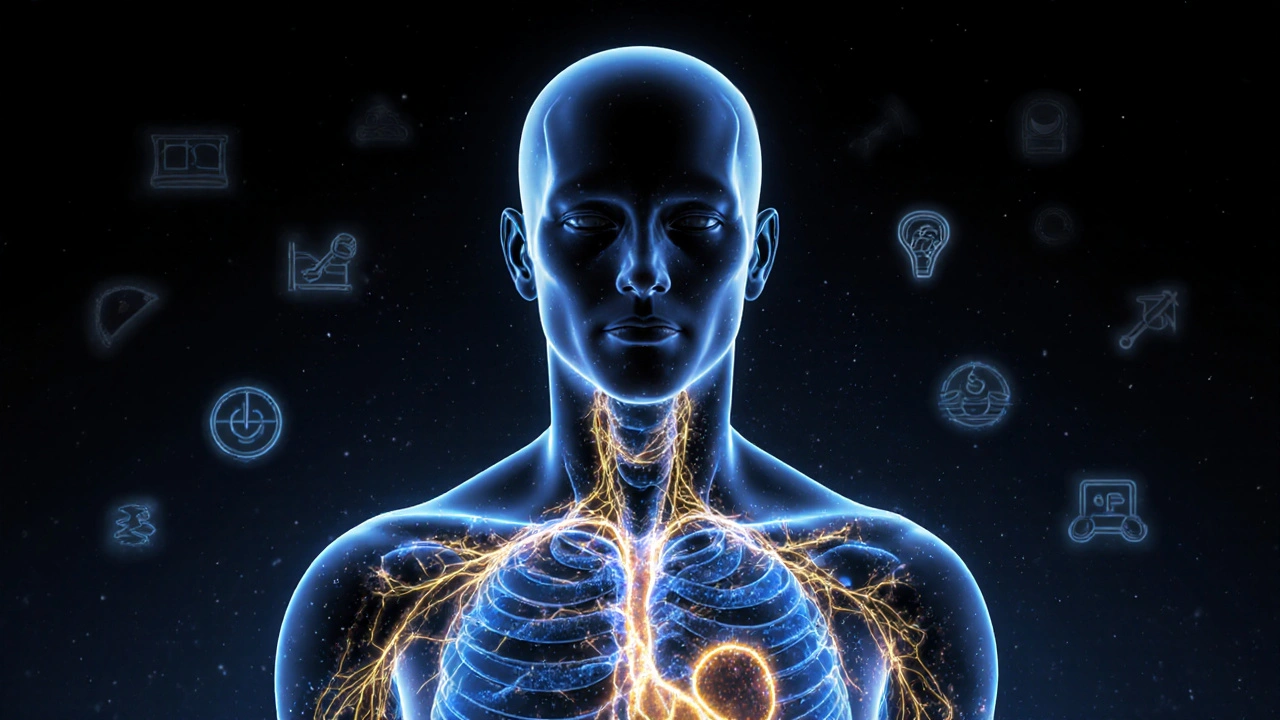 Klíčová postava s proudy nano-emulzovaného CBD v těle, vyzařující klid a úlevu od bolesti.