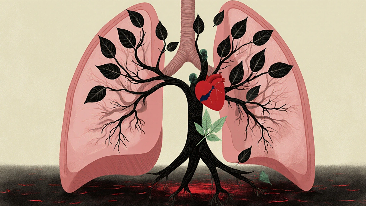 Konceptuální obrázek stromu rostoucího v plicích, kořeny z chemikálií, symbol poškození.