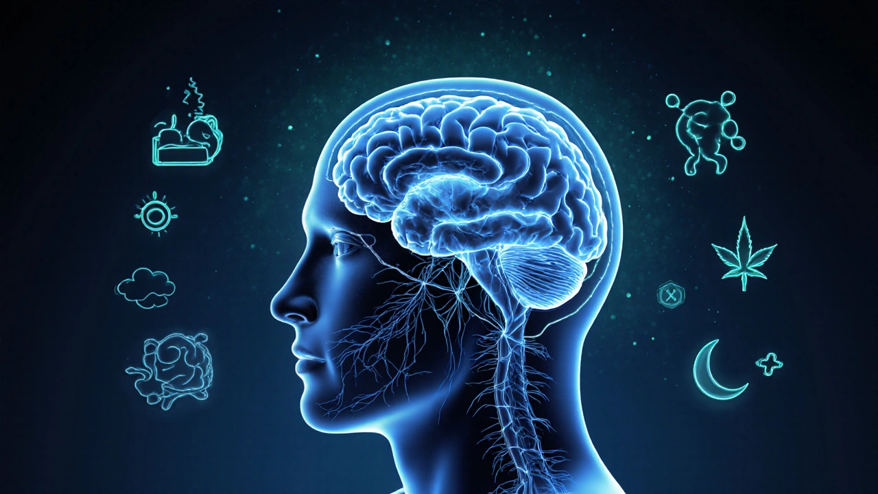 Křížový řez mozku s CBD molekulami ovlivňujícími oblasti spojené se spánkem a úzkostí.