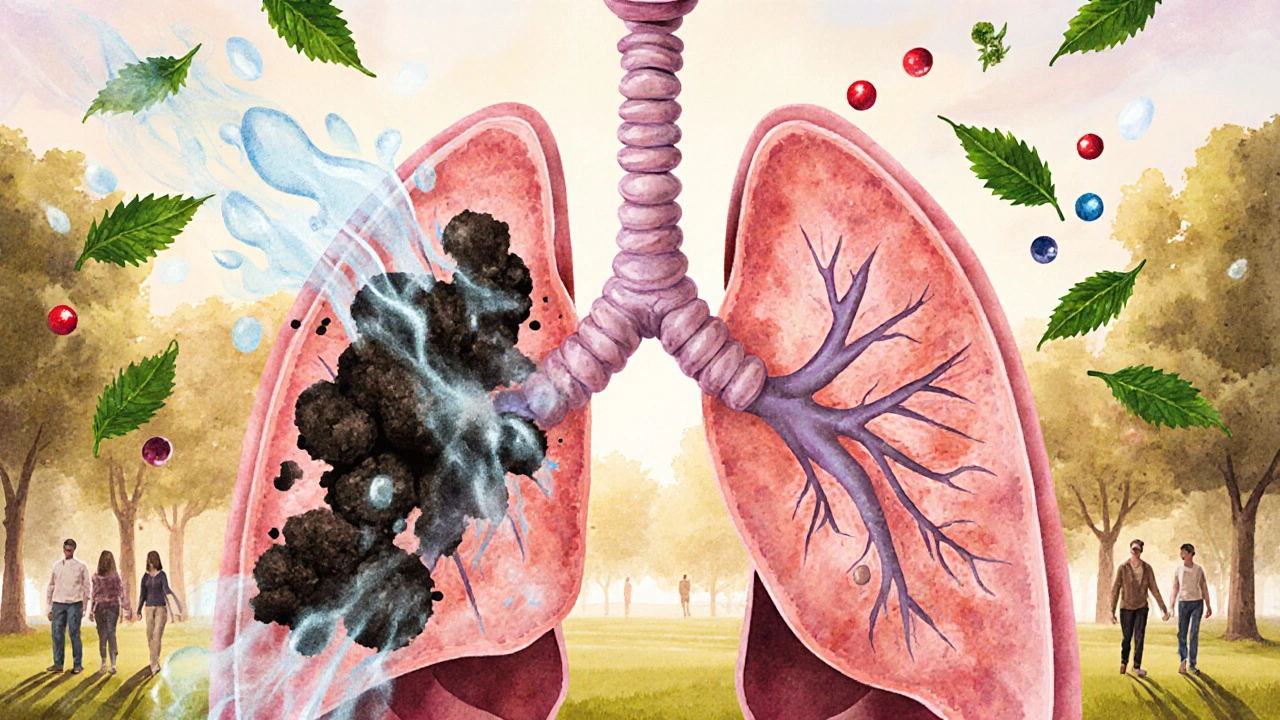 Křížový řez plic ukazuje hojení poškozených dýchacích cest s přírodními prvky.