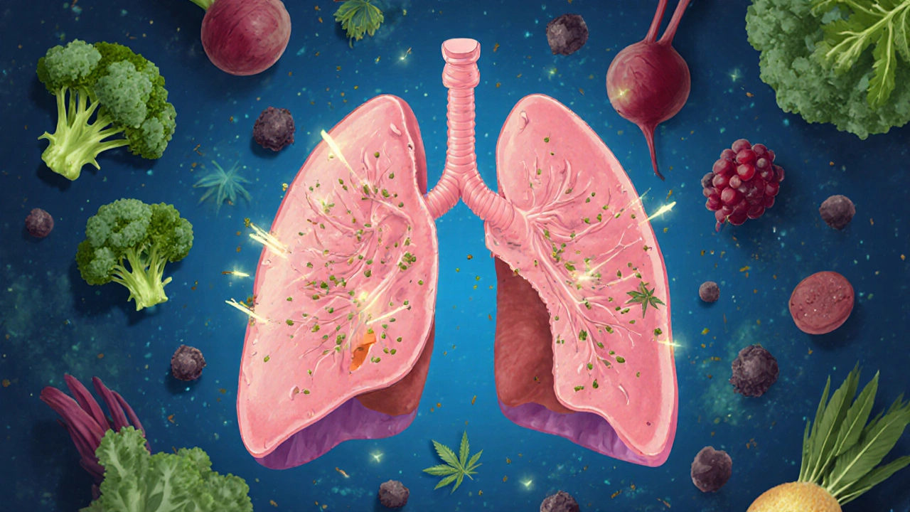 Mikroskopický pohled na plicní buňky, kde řasinky odstraňují nečistoty, kolem nich rostliny s antioxidanty.
