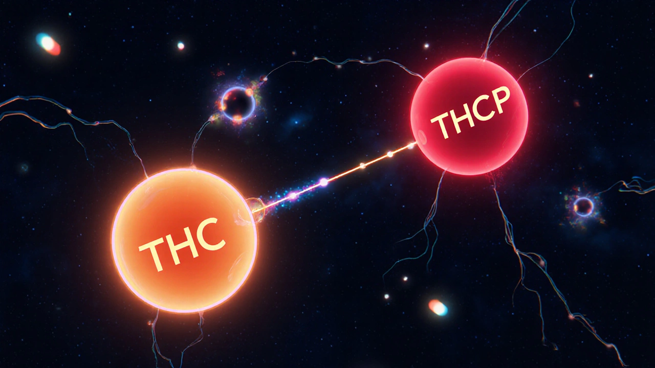 Molekulární struktura THC a THCP s vazebnými receptory v pozadí.