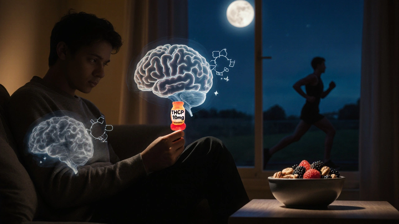 Osoba drží THCP gummy, kolem ní se objevují obrazy mozkových plaků a spánku, zatímco zdravý životní styl je vidět v pozadí.