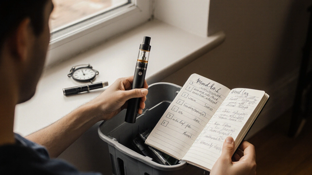 Osoba hází THC vape do koše, vedle ní stojí CBD vape a deník s náladovým záznamem.