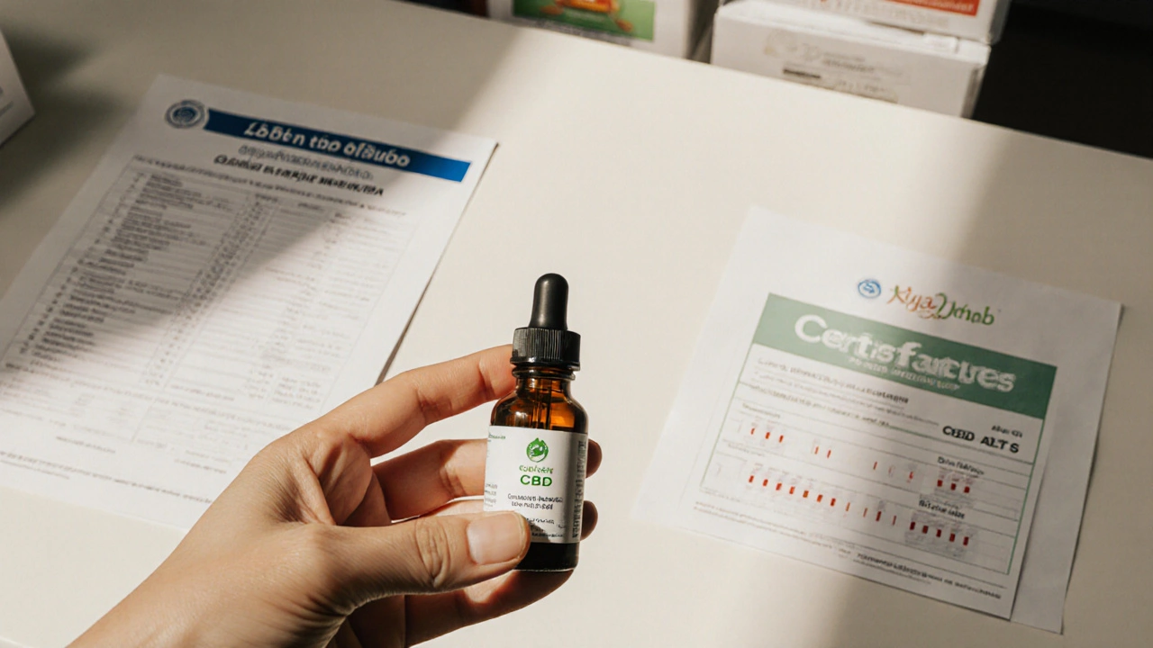 Osoba s CBD olejem a výsledky jaterních testů v lékárně.