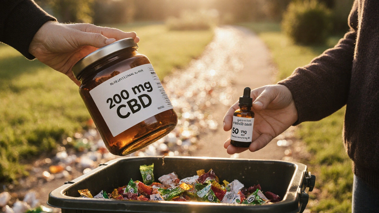 Osoba ukládá velkou láhev CBD do recyklace, drží malou láhev s nižší dávkou.