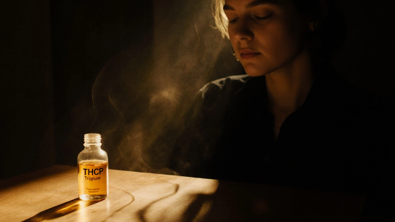 Osoba v klidné místnosti s výtažkem THCP, osvětlená jemným zlatým světlem