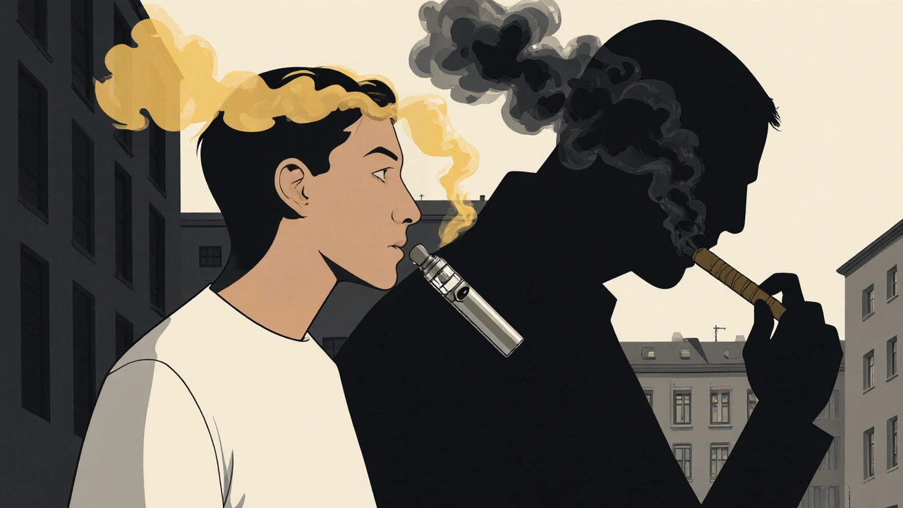 Osoba vdechující THC páru z vape zařízení, zatímco za ní stín člověka kouří joint.