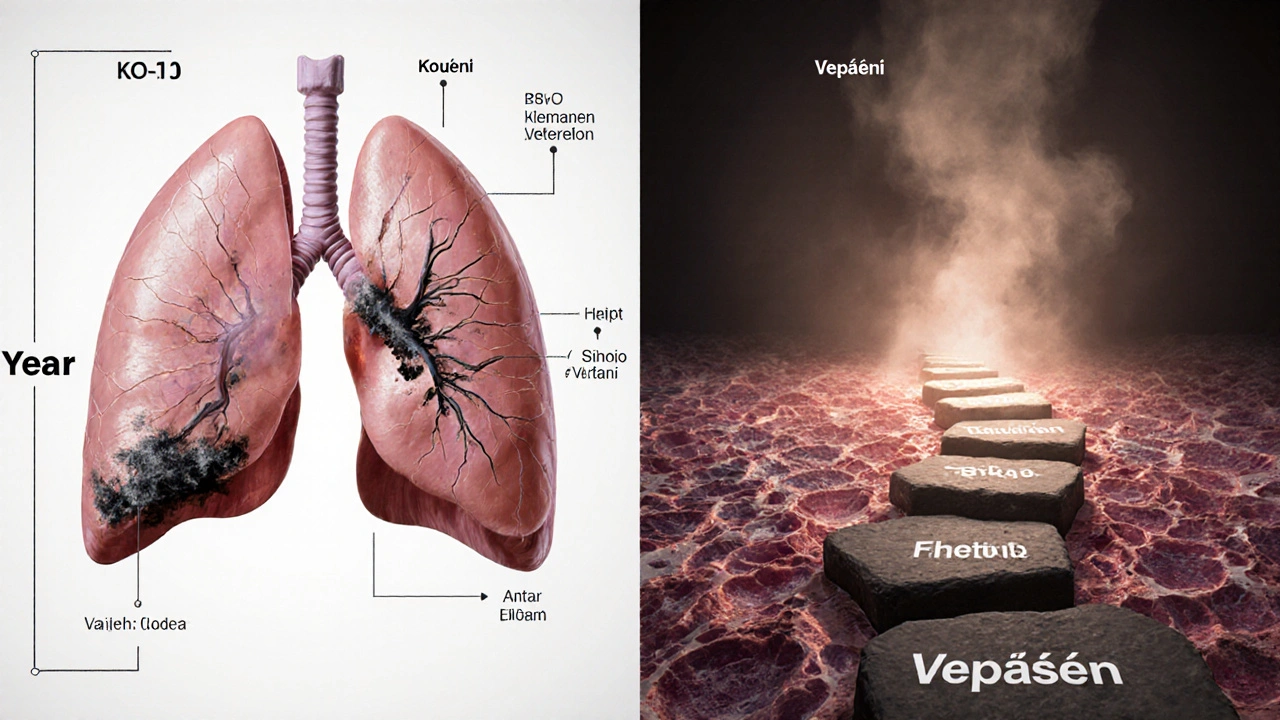 Pětiletý vývoj plic: poškozené vs. zdravé tkáně s označením kouření a vepáření.